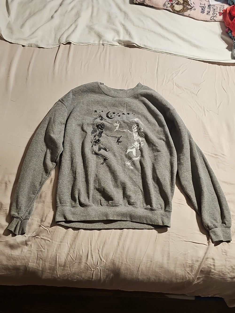 Gildan Gray Crewneck Sweater with Moon & Dancing Skeletons Graphic